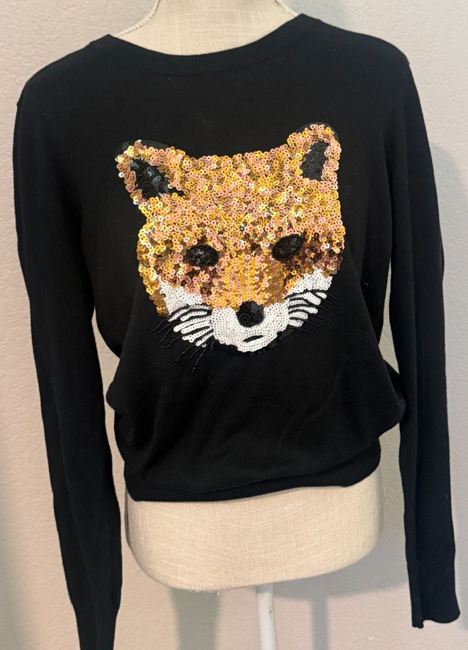 French Connection Gold Brown Sequin Fox Black Cotton Sweater Glam Maximalist - L